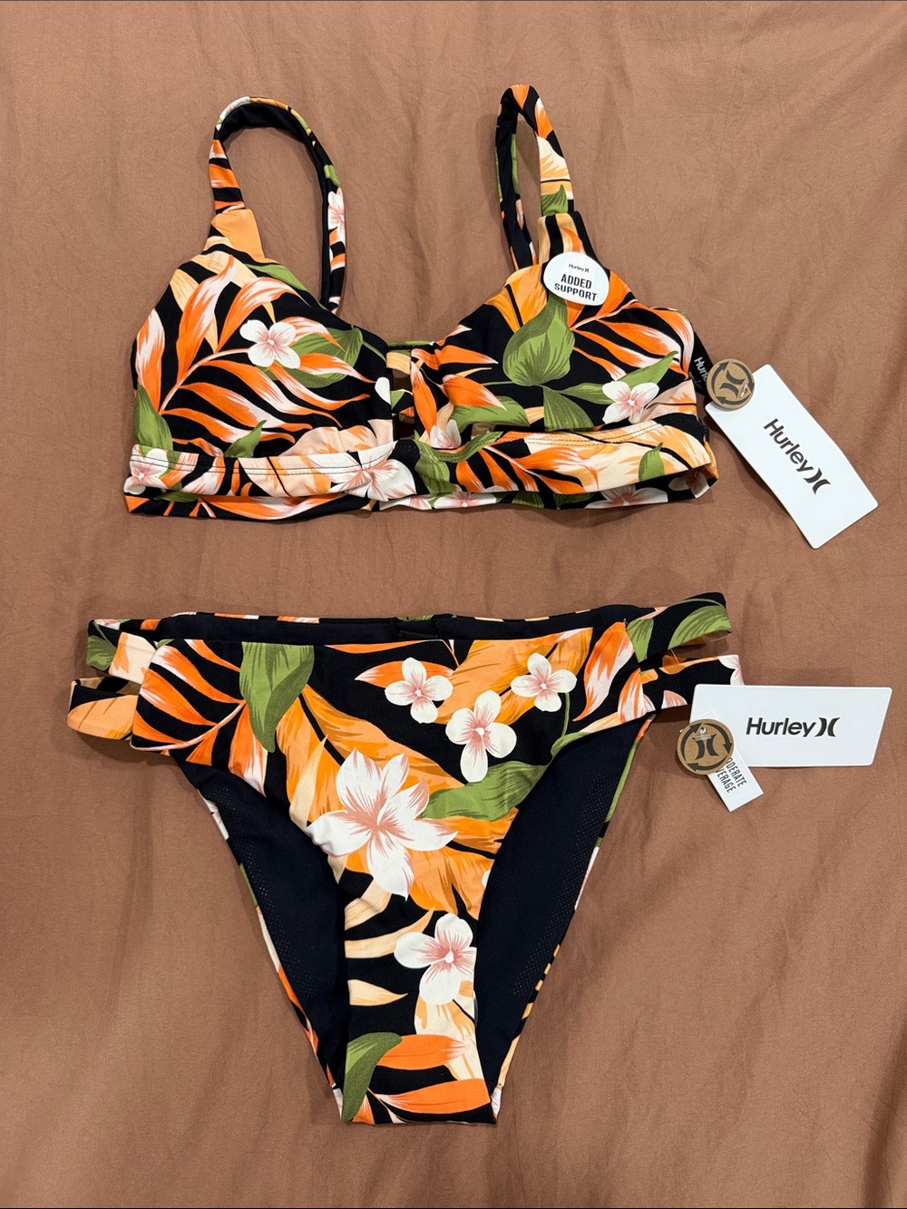Hurley Floral Tropical Black Orange Bikini Set